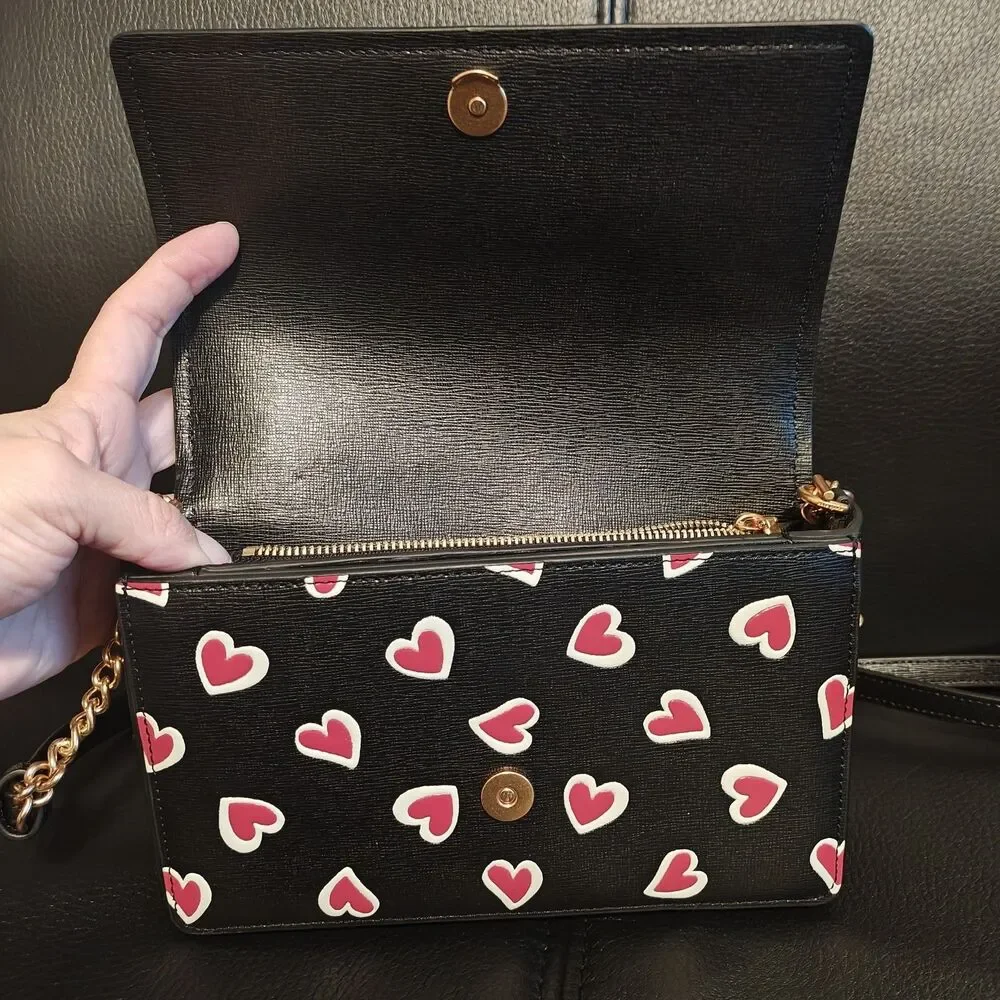 KATE SPADE Morgan Shoulder Flap Crossbody Bag Stencil Heart Print Black Red EUC